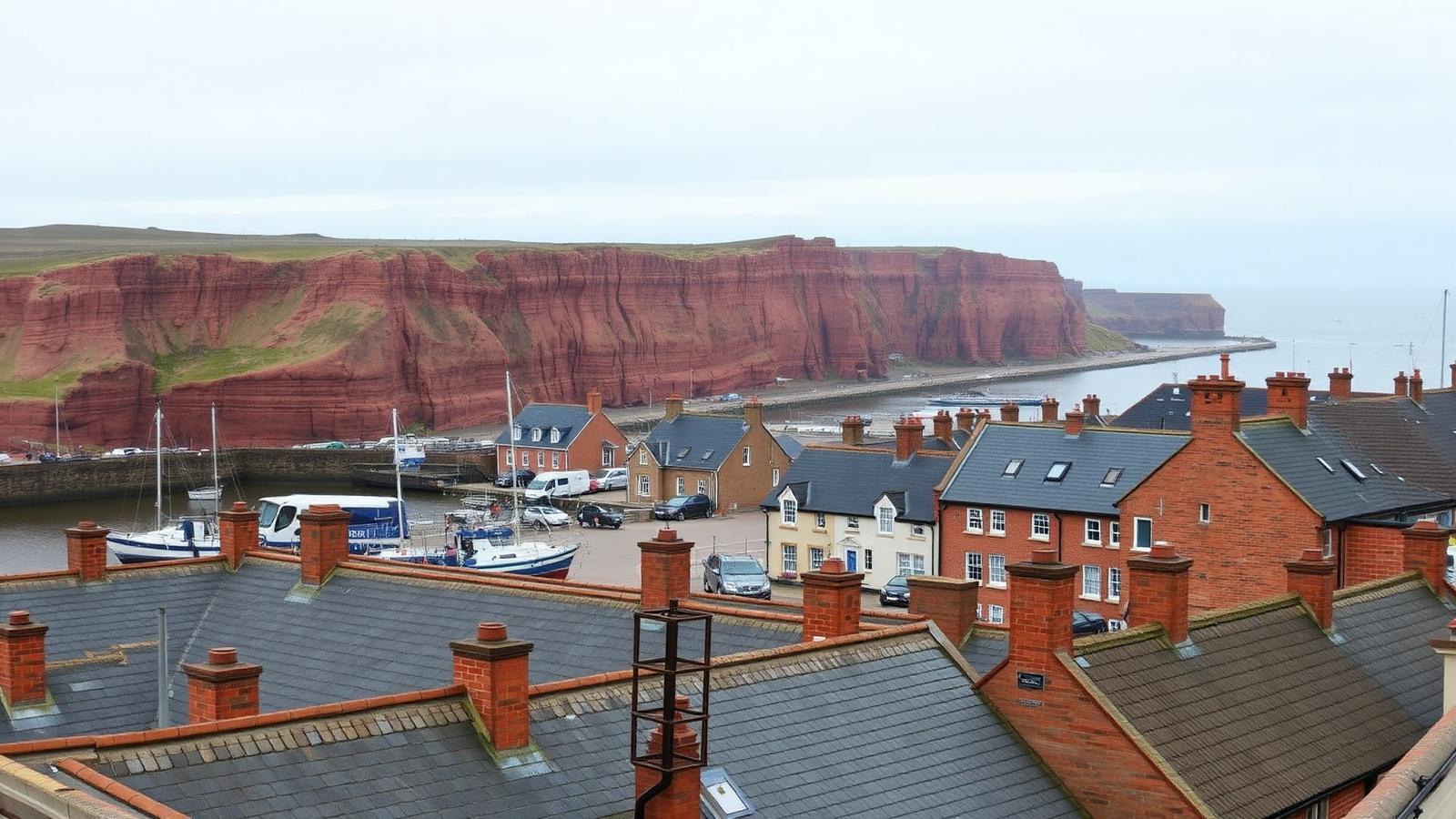 Arbroath harbour and red sandstone coastal cliffs with slate-roofed fishermen's cottages — Rossi Roofing service area