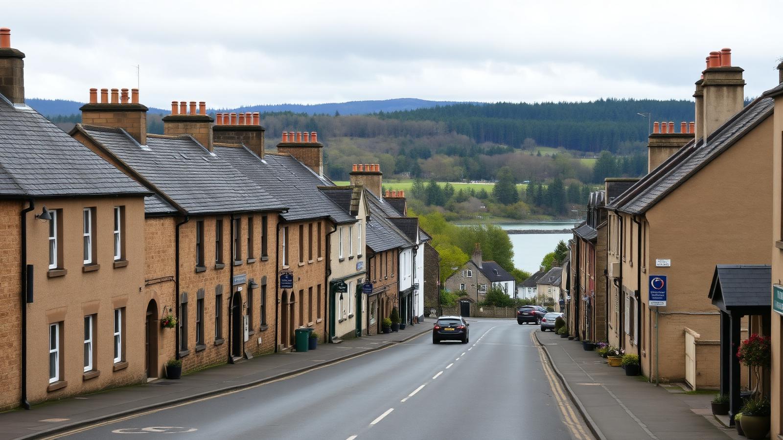 Blairgowrie high street in Perthshire with sandstone buildings, slate roofs and wooded hills beyond — Rossi Roofing service area