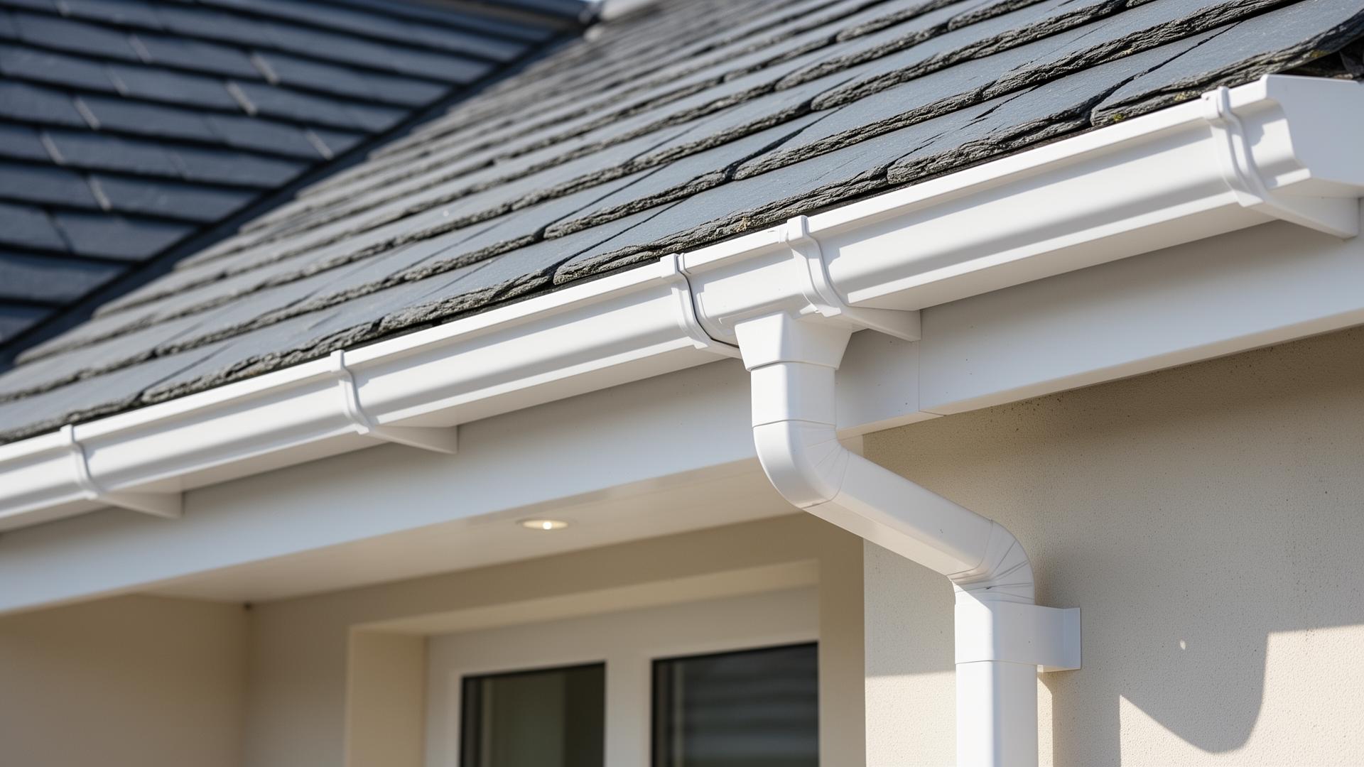 Clean white uPVC guttering and downpipe fitted along a slate roof eaves